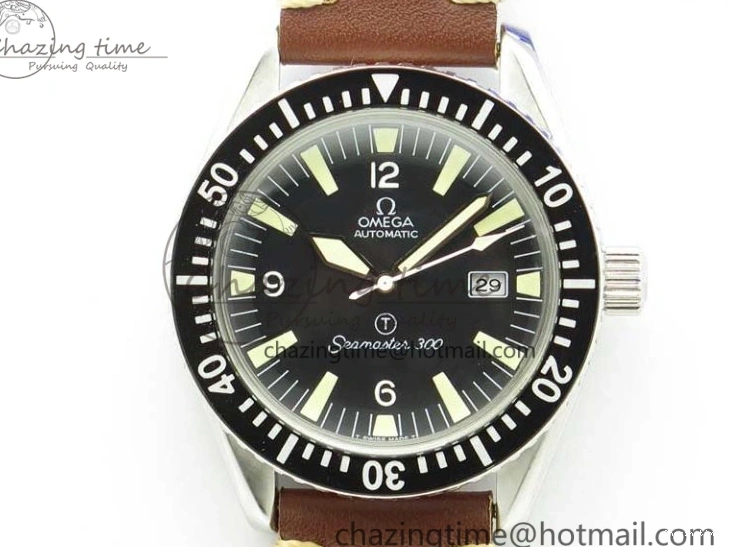 0414 Vintage Seamaster 300 Date T SS B12 Black Dial On Brown Leather Strap A2836 (Free Nylon Strap) WeatherProof 7911